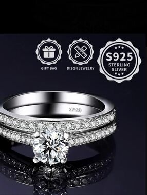 New S925 Sterling Silver White Cubic Zirconia Engagement Ring Set 2 Piece Size 7